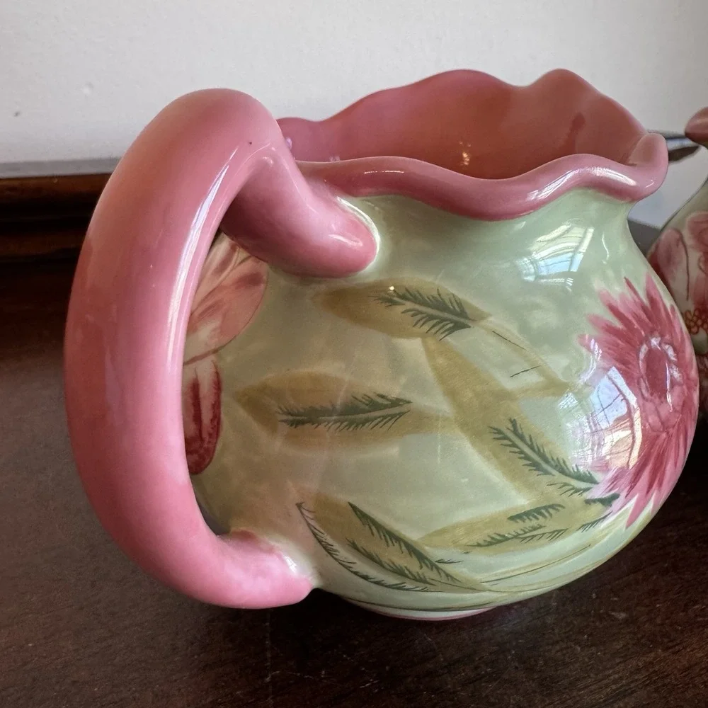 April Cornell Ceramic Sugar Creamer Green Pink Butterfly Lidded Sugar Bowl Set